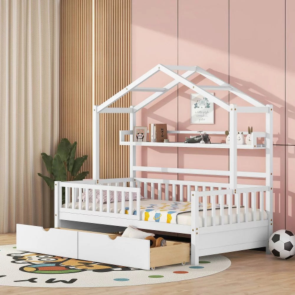 White Twin Size Wooden House Bed with 2 Drawers N15513