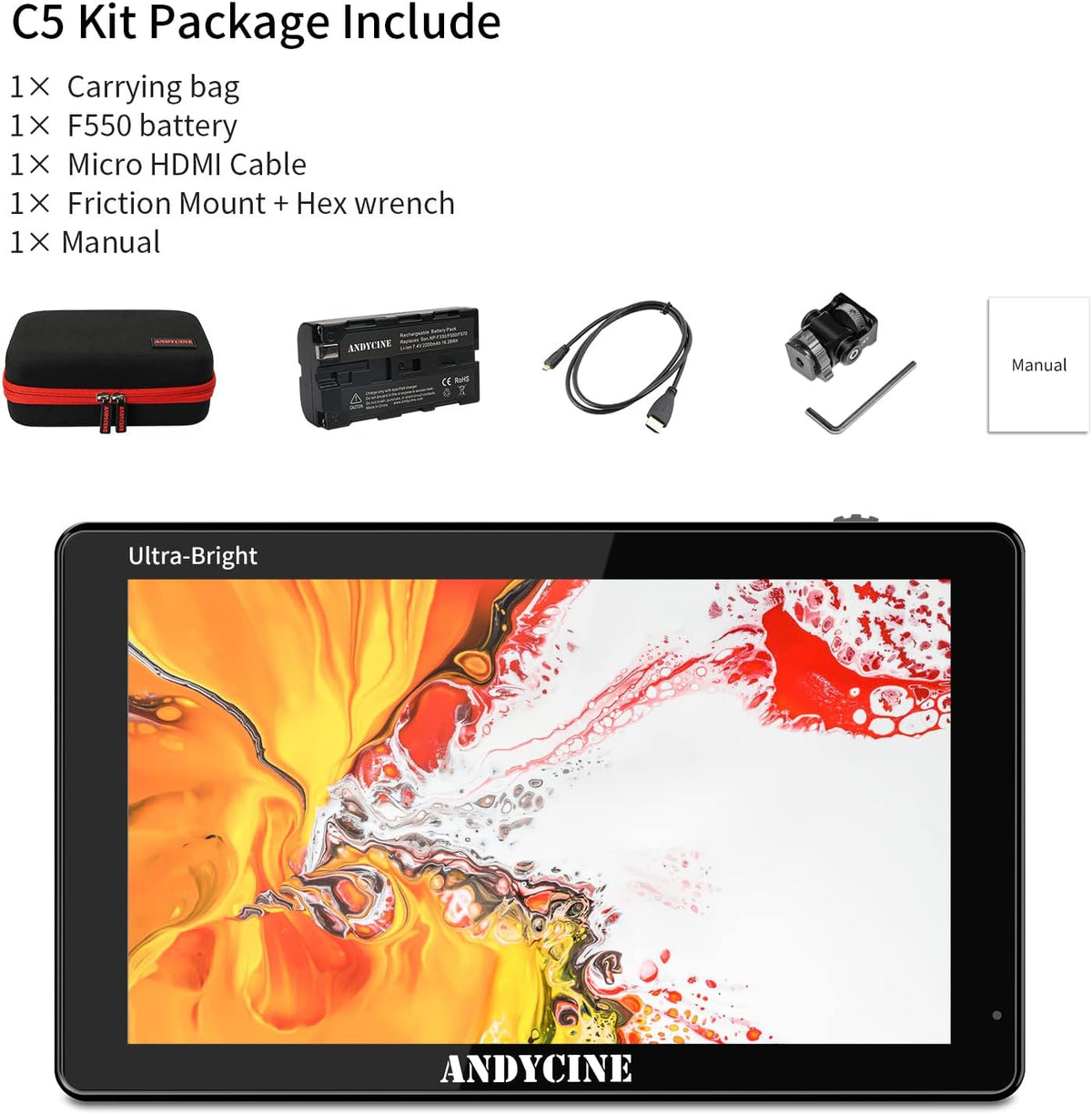 5.5 Inch 3000nit Touch Screen On-Camera Field Monitor with F970 External Power 4K HDMI Input Output G385