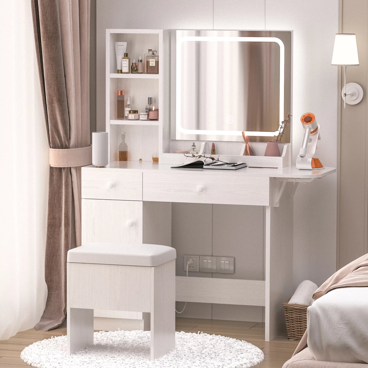 White Vanity Desk with Lighted Mirror and Storage Stool T93723