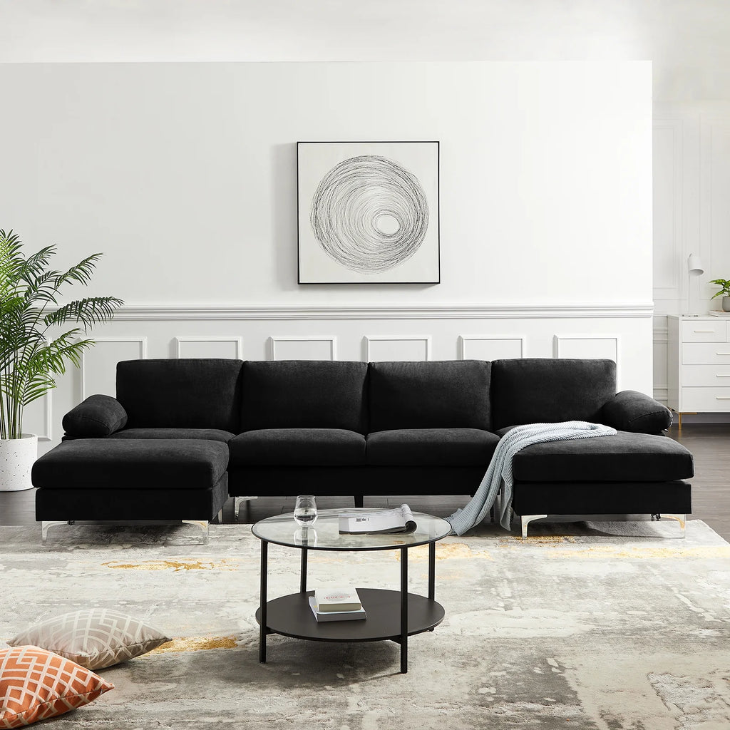 Black Polyester L-Shaped Sectional Sofa with Ottoman O2085