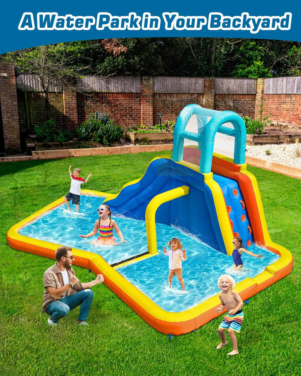 Inflatable Water Slide Park with Spray Pool, Bounce House with Climbing Wall and Blower A566956