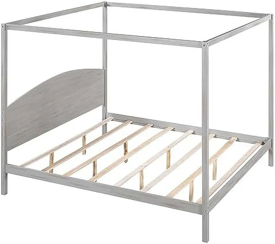 White Queen Size 4-Poster Wood Canopy Bed Frame with Headboard B814245