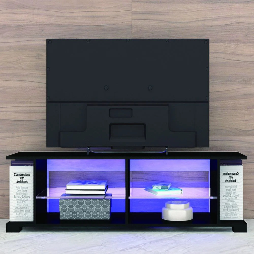 Black 57 Inch TV Stand with LED Lights and Glass Shelves I119