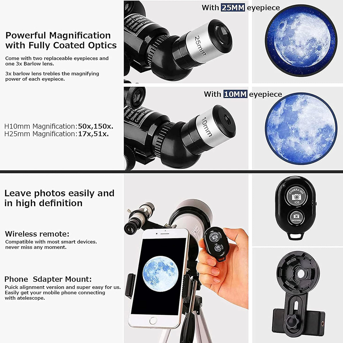 70mm Aperture 400mm AZ Mount Refracting Telescope with Phone Adapter and Wireless Remote J8240
