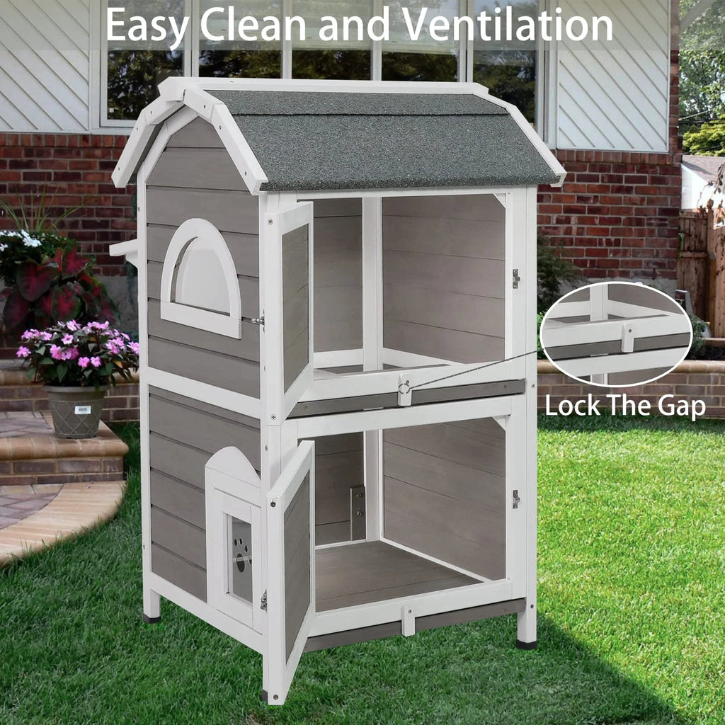 Weatherproof Two Story Wooden Outdoor Cat House I9232