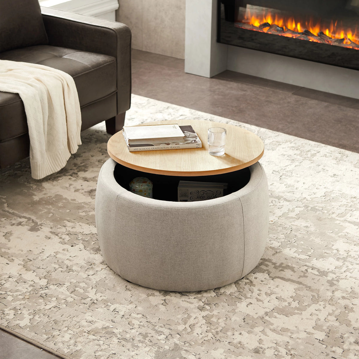 Grey Round Storage Ottoman with Wood Tray V3448