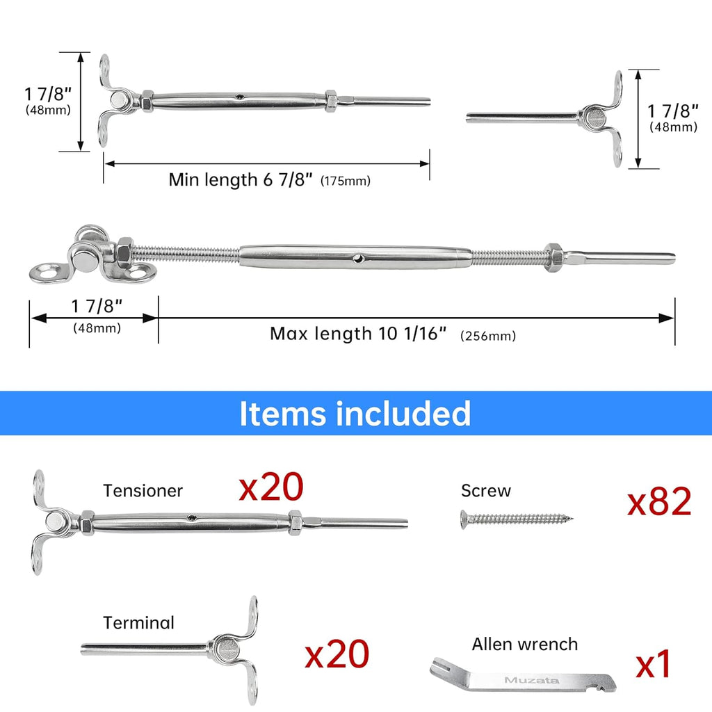 20 Set Cable Railing Kit 1/8 Swage Toggle Turnbuckle Hardware T316 Stainless Steel Angle 180° Adjustable J1271