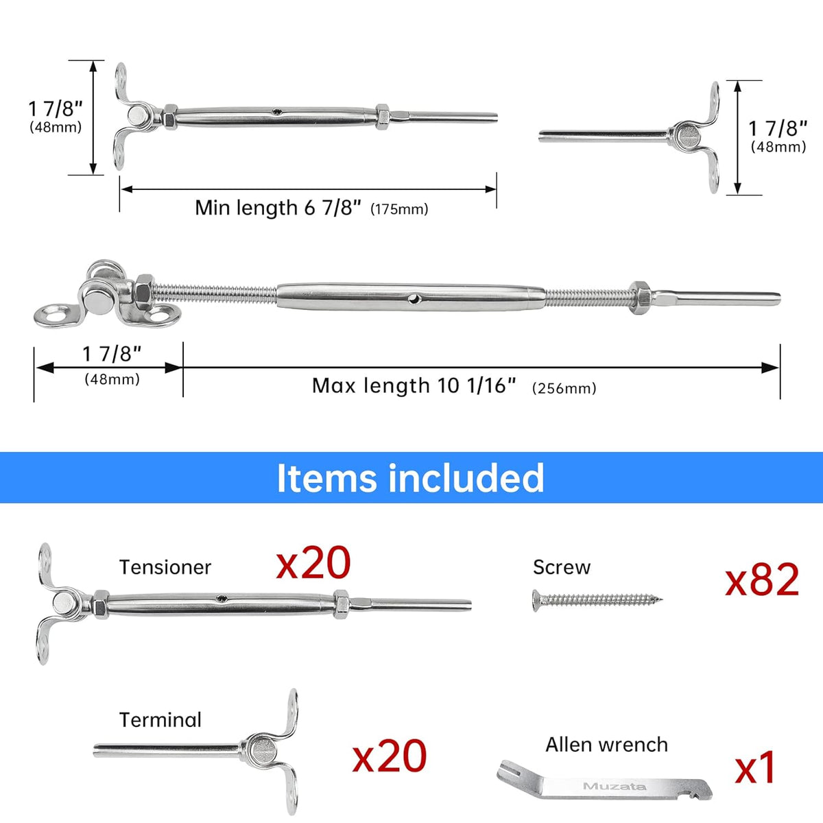 20 Set Cable Railing Kit 1/8 Swage Toggle Turnbuckle Hardware T316 Stainless Steel Angle 180° Adjustable J1271