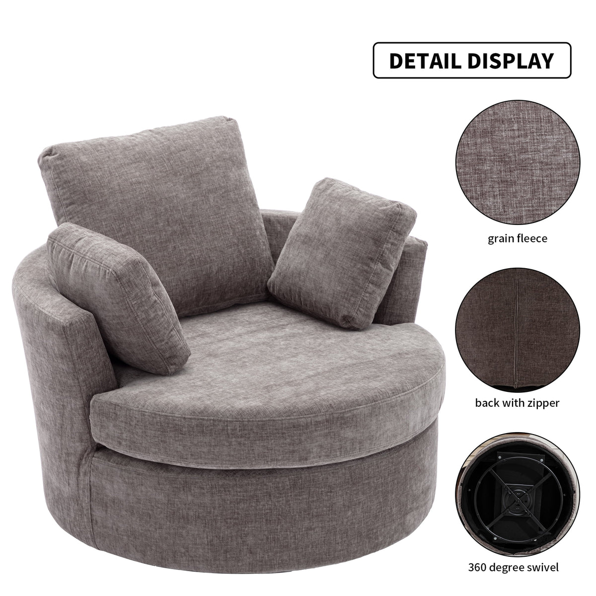 Oversized Round Swivel Accent Chair with 3 Pillows M14959