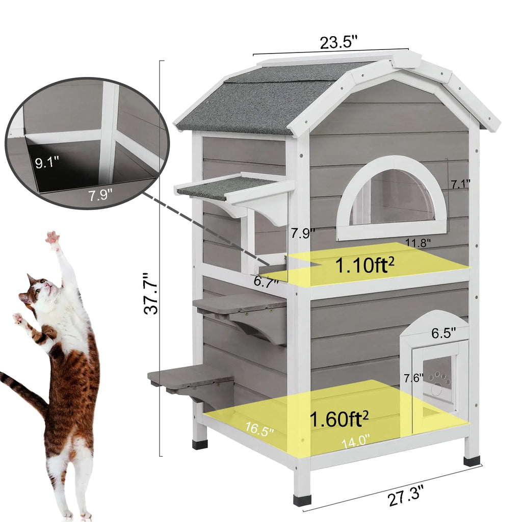Weatherproof Two Story Wooden Outdoor Cat House I9232