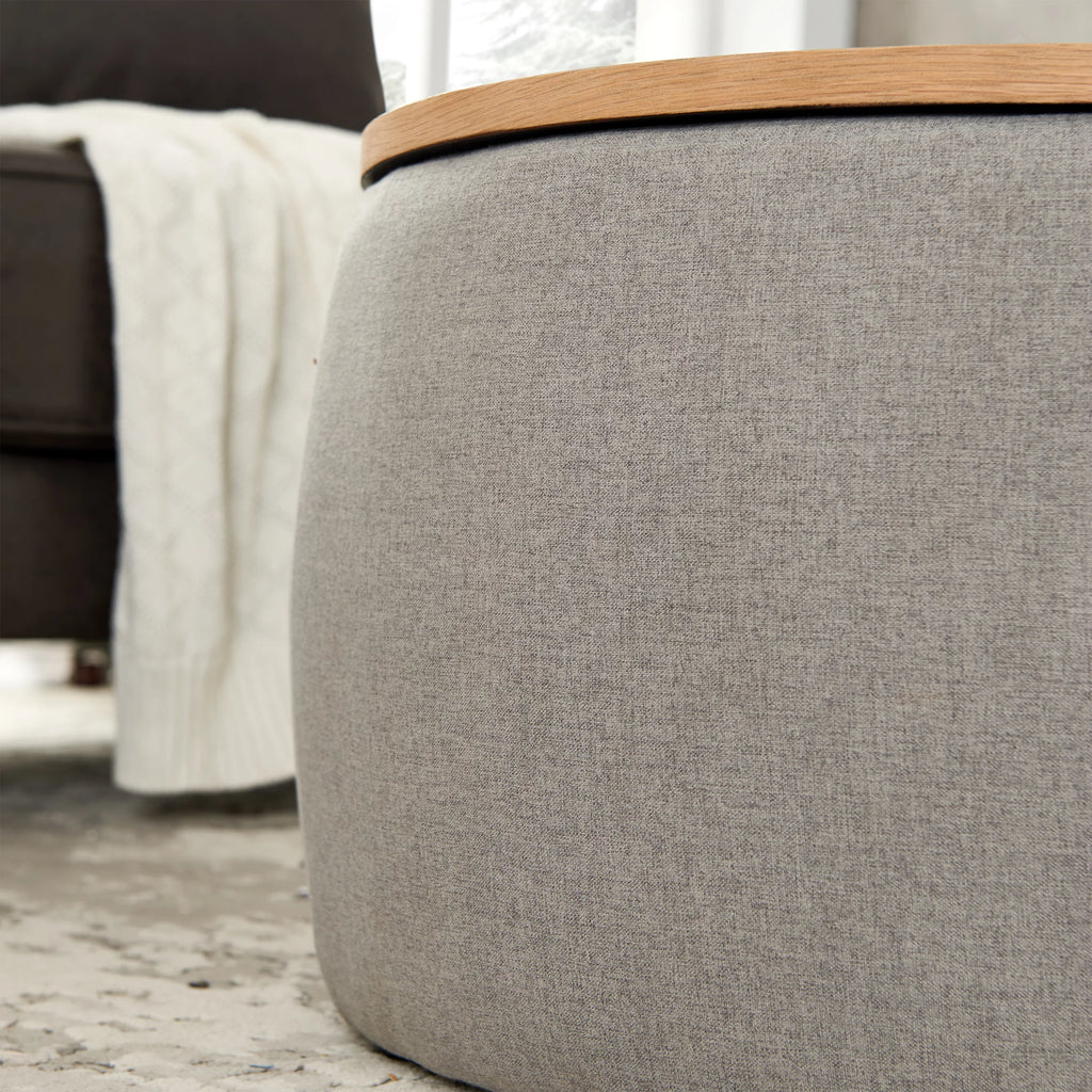 Grey Round Storage Ottoman with Wood Tray V3448