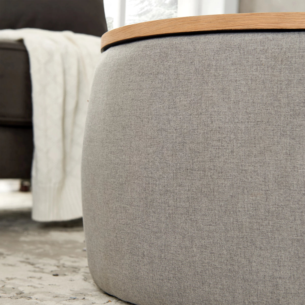 Grey Round Storage Ottoman with Wood Tray V3448