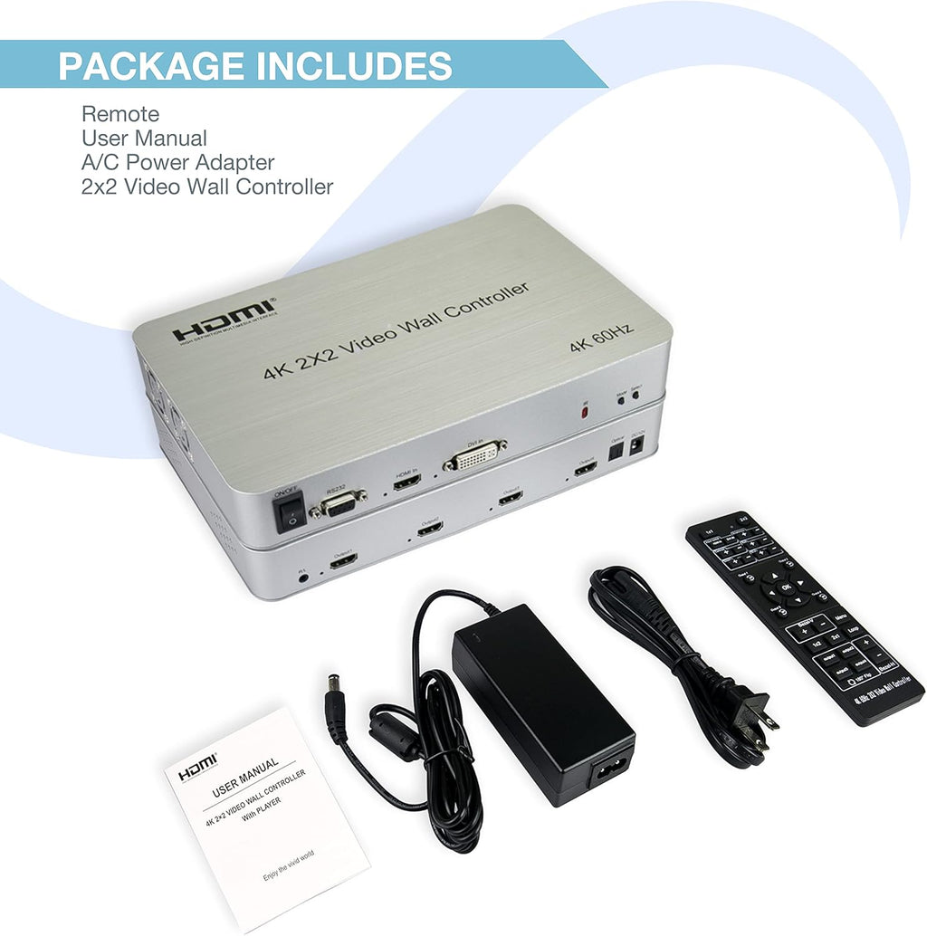 2x2 Video Wall Controller, 4K@60Hz, HDMI 2.0, HDCP 2.2, 90° Rotation, Edge Masking A339