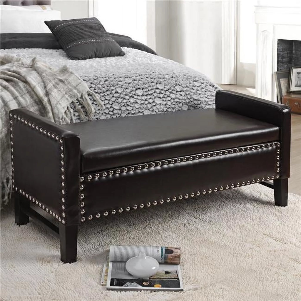 Espresso Faux Leather Storage Bench with Nailhead Trim B1717