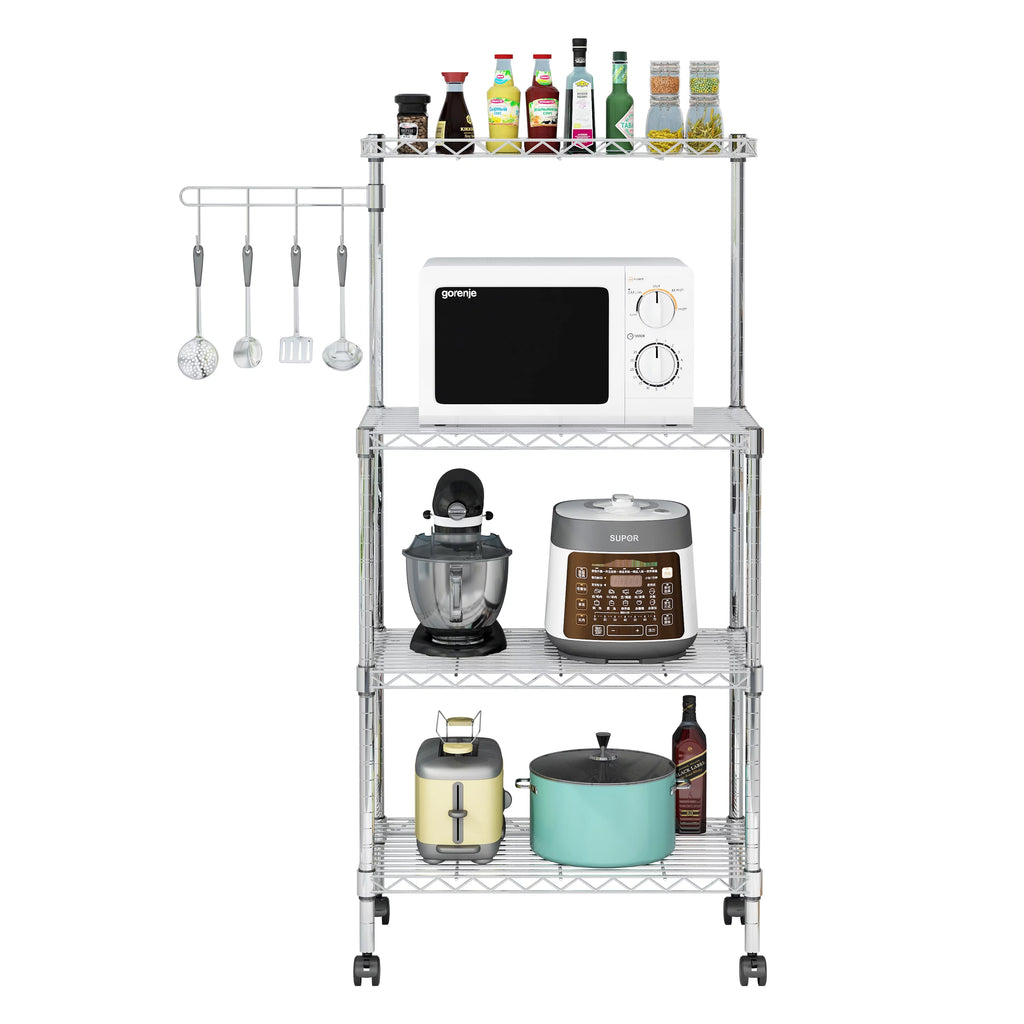 4-Tier Chrome Kitchen Storage Rack with Hanging Hooks Y778