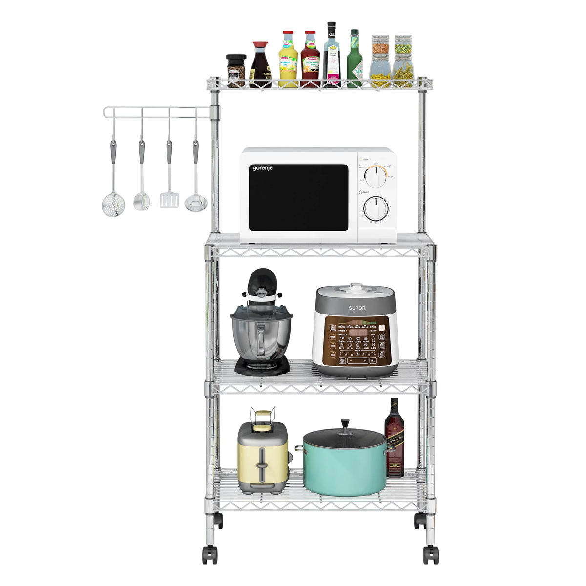 4-Tier Chrome Kitchen Storage Rack with Hanging Hooks Y778
