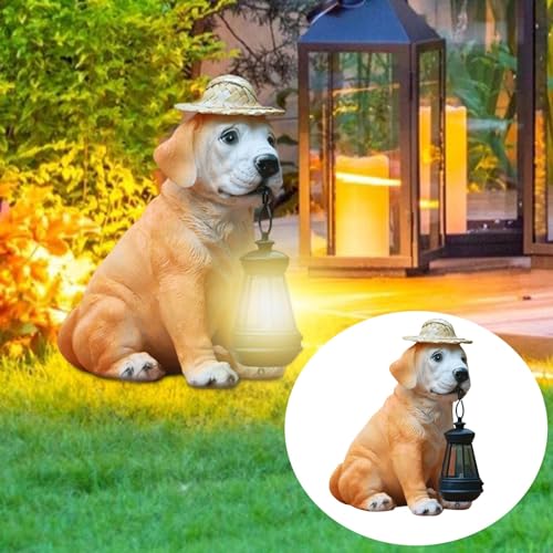 Resin Dog Statues with Straw Hat and Solar Led Lantern Z709745