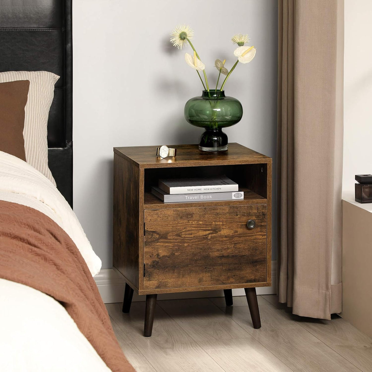 Rustic Brown Nightstand with Open Shelf and Cabinet F42603