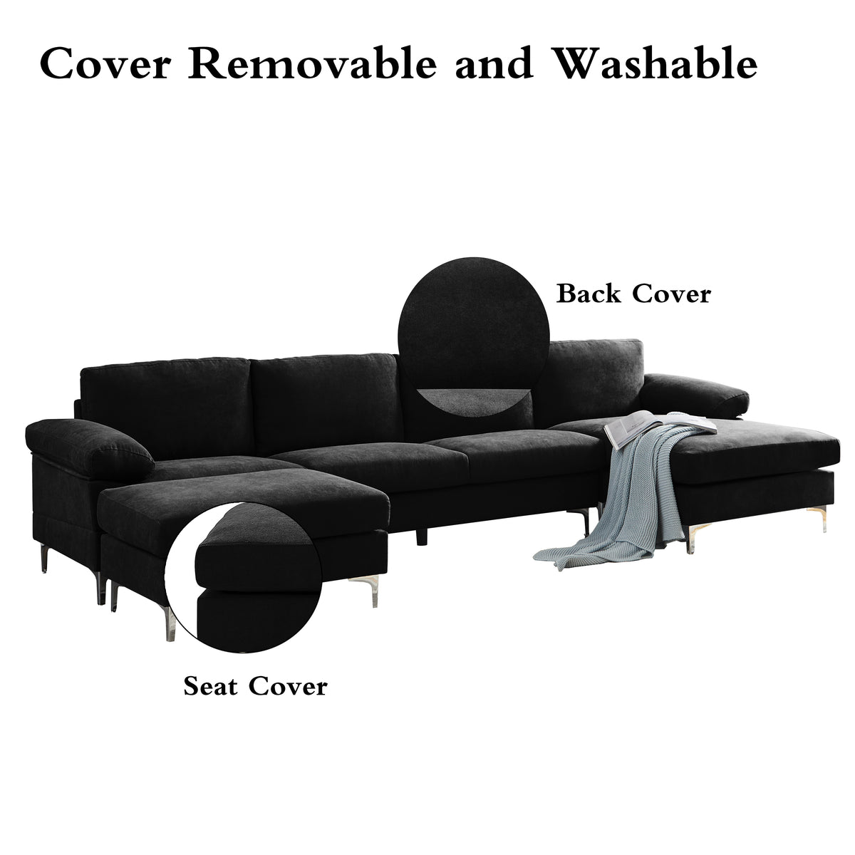 Black Polyester L-Shaped Sectional Sofa with Ottoman O2085