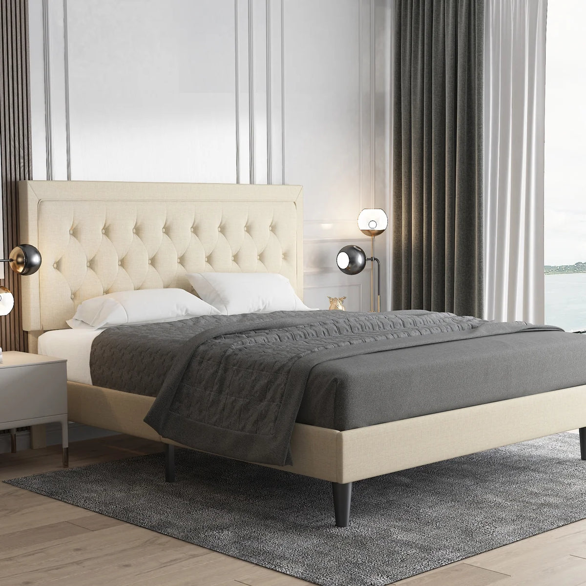 Queen Size Upholstered Platform Bed with Adjustable Headboard Z216439