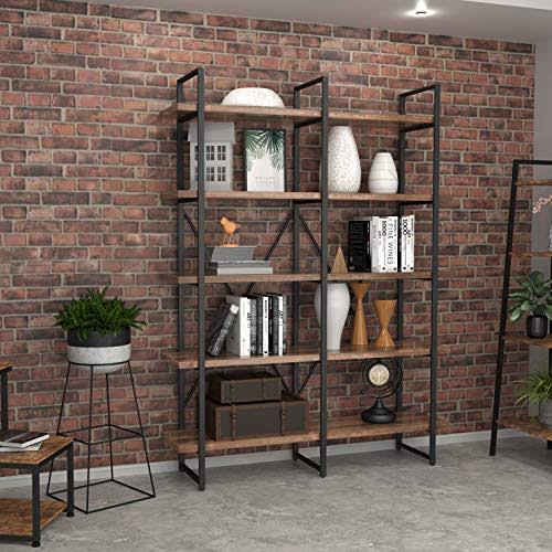 Double Wide 5-Tier Open Bookcase Wood and Metal Shelves E82338