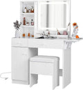 White Vanity Desk with Lighted Mirror and Storage Stool T93723