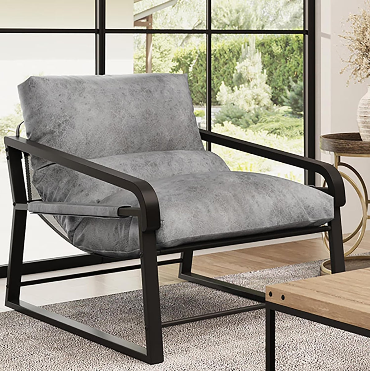 Oversized Upholstered Accent Chair with Wood Armrest, Grey B1922
