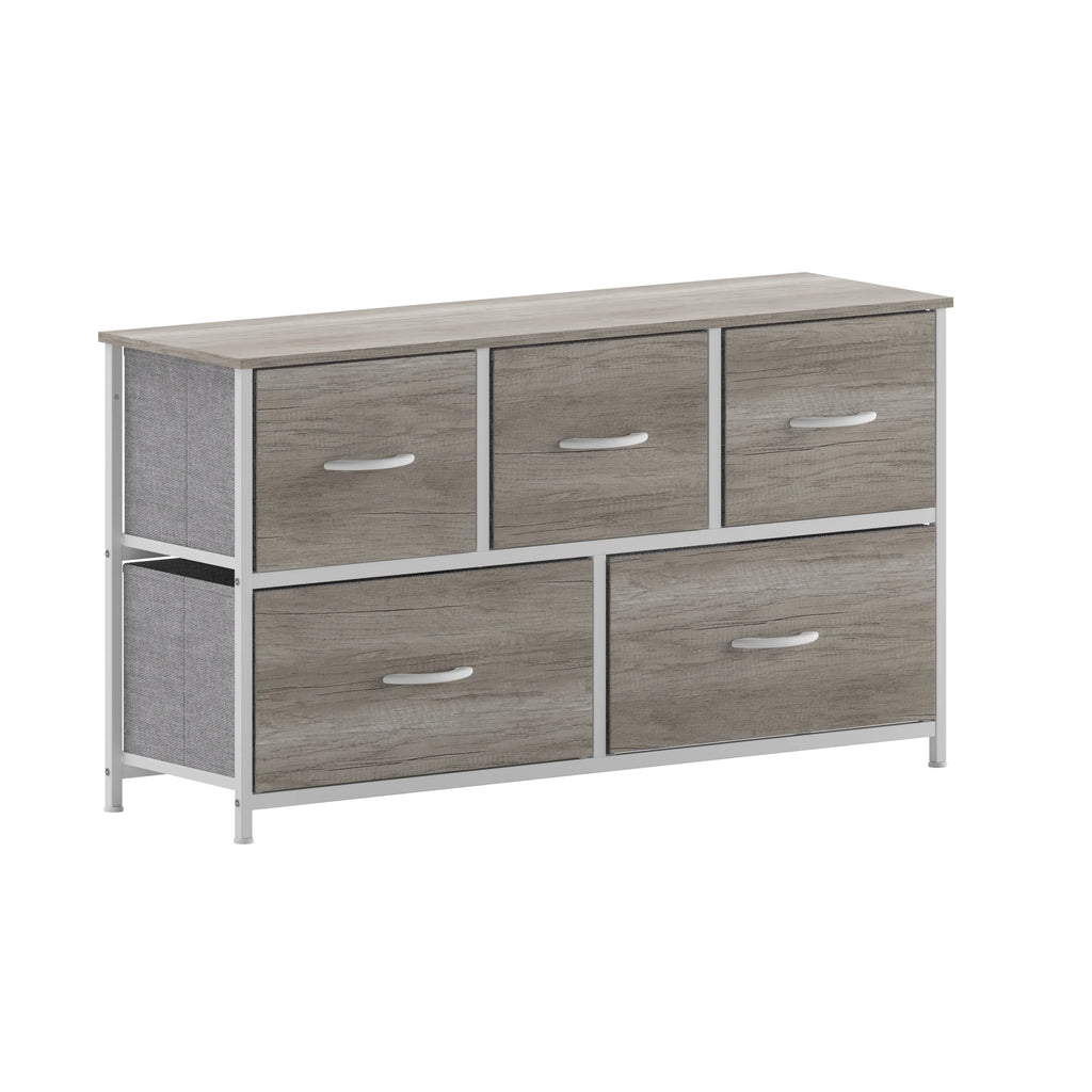 5 Drawer Storage Dresser with White Cast Iron Frame and Light Natural Wood Top E838959