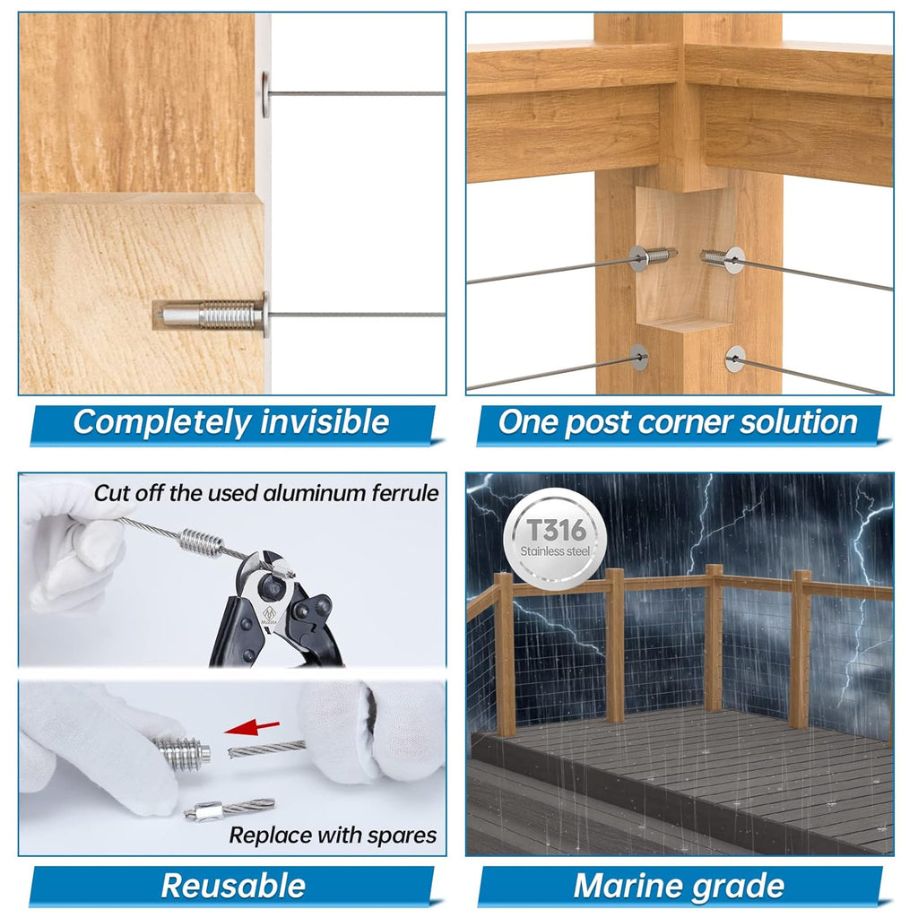 20Pack 1/8" Invisible Cable Railing Kit T316 Stainless Steel for Wood Posts Deck Stairs C164