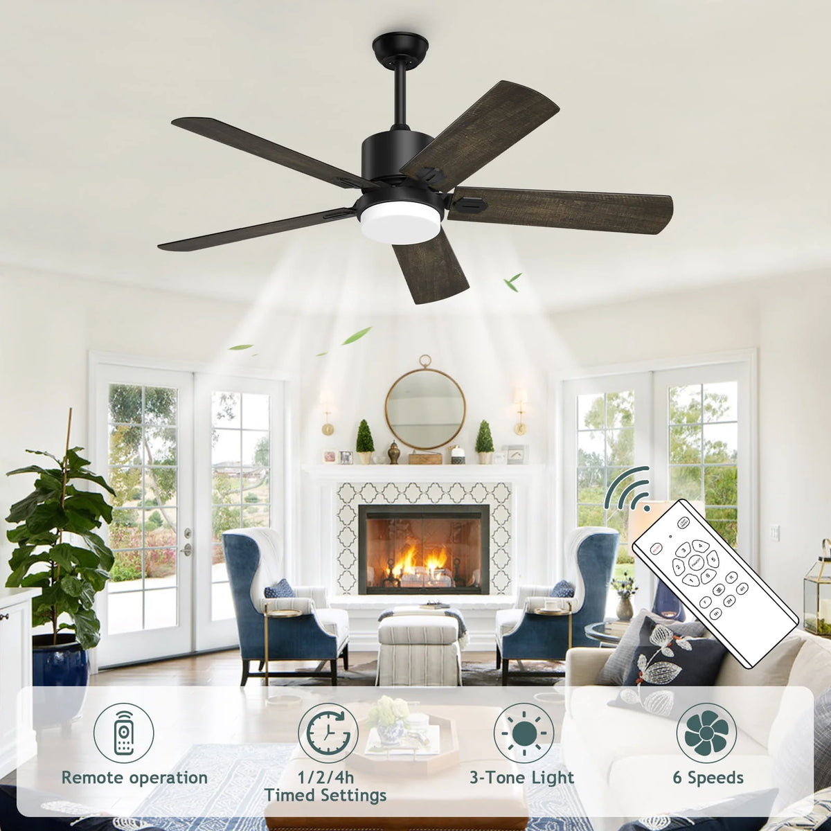 Ceiling Fan with Light and Remote Control, 52 '' 6-Speed Reversible 5 Wood Blades N97152