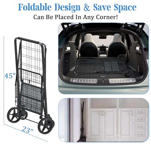 Heavy Duty Folding Shopping Cart with Double Basket, 360° Swivel Wheels, Waterproof Bag X86398