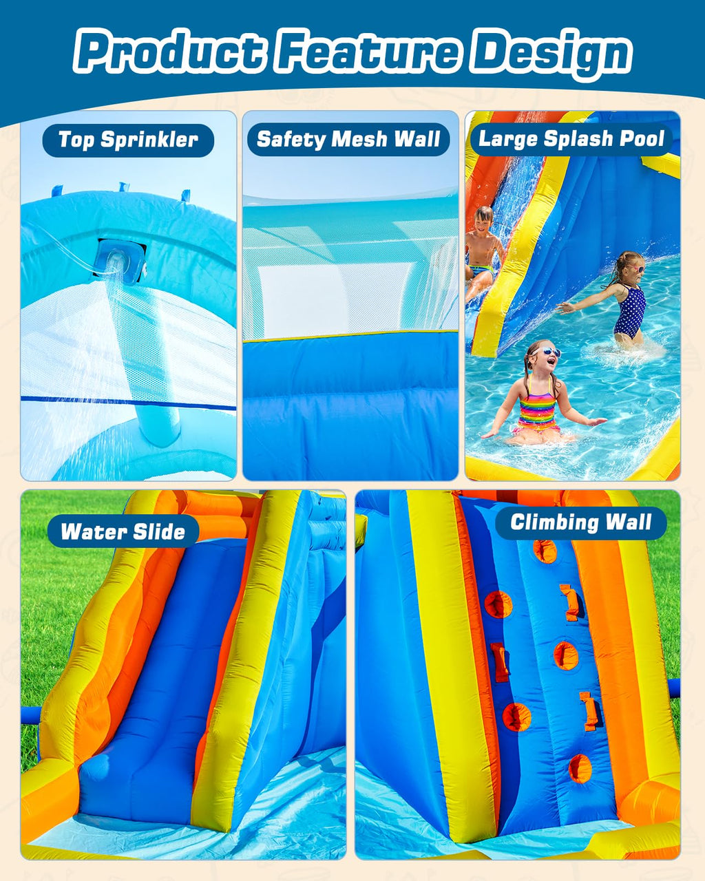 Inflatable Water Slide Park with Spray Pool, Bounce House with Climbing Wall and Blower A566956