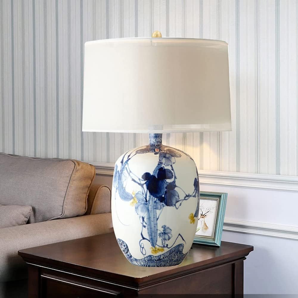 Blue and White Porcelain Table Lamp with Drum Shade C67039