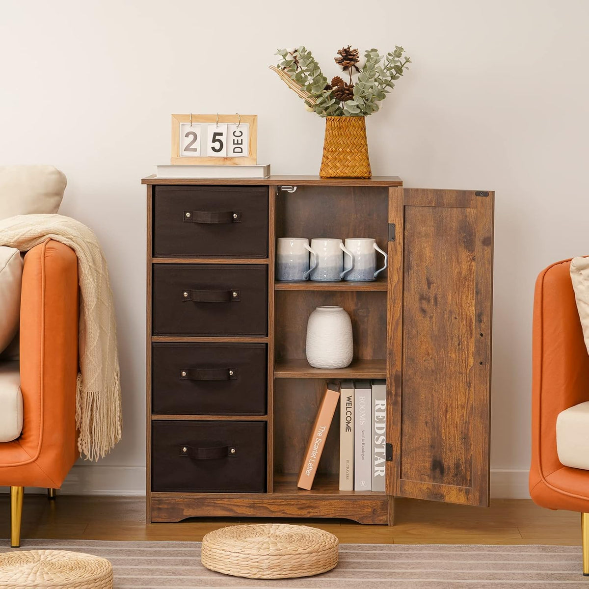 Rustic Brown Storage Cabinet with 4 Removable Drawers and 1 Door N366