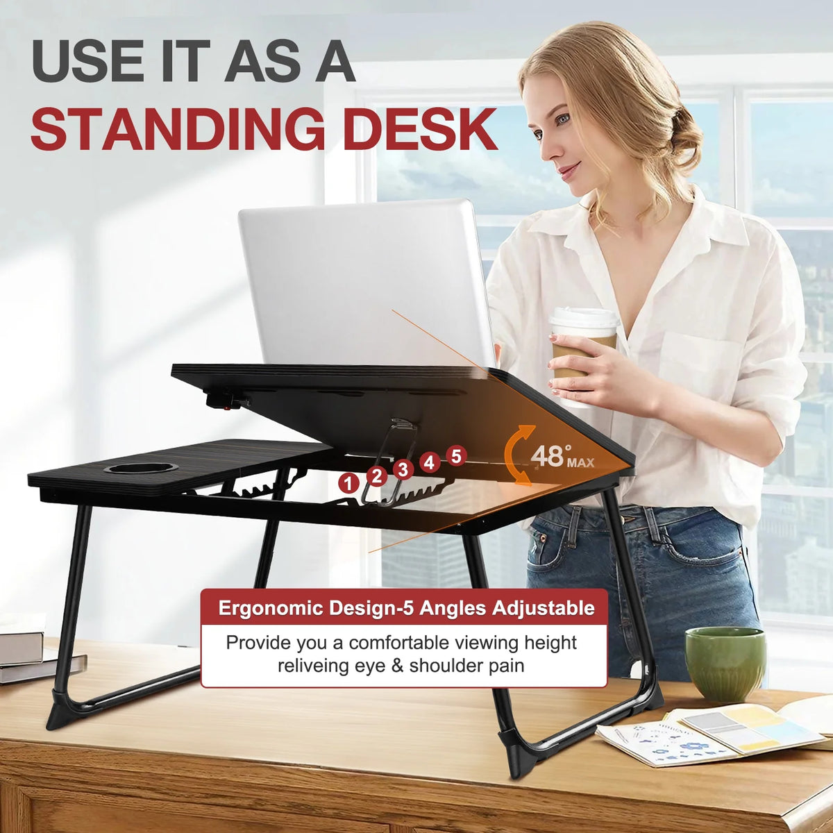 Foldable Adjustable Lap Desk with Cup Holder, Black G249473