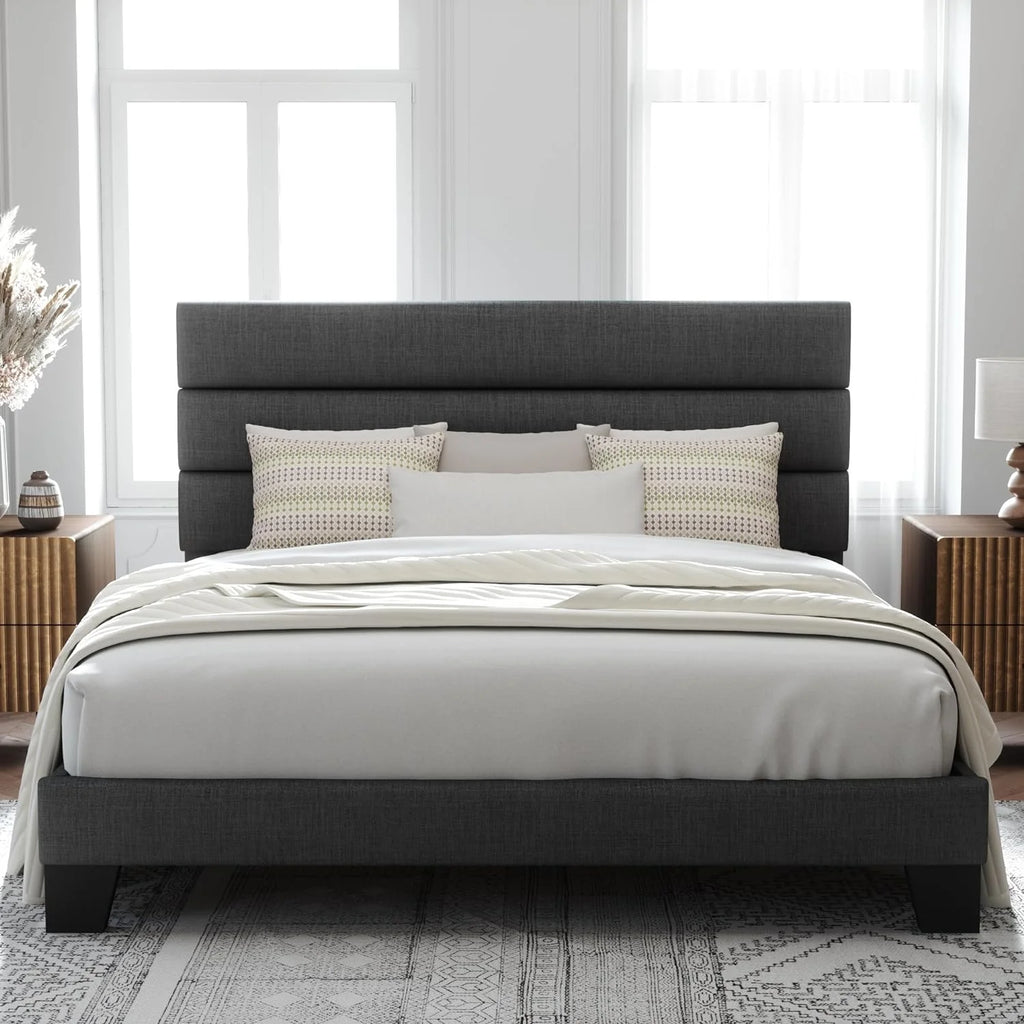 King Fabric Upholstered Platform Bed Frame with Wooden Slats U4253