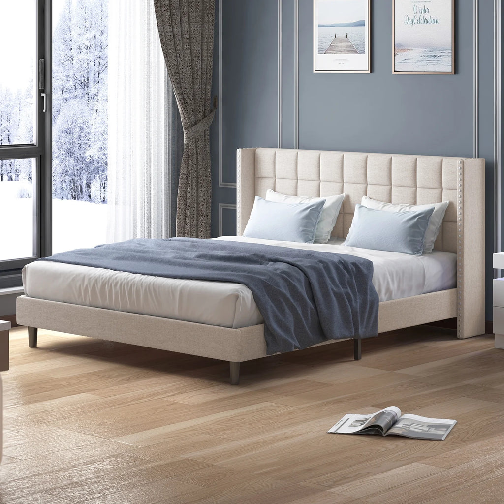 Velvet Wingback Headboard Queen Size Platform Bed Frame D610