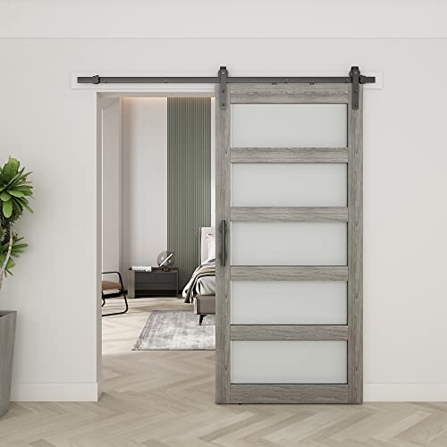 42in x 84in Frosted Glass Barn Door with 7FT Sliding Door Hardware Kit W1599