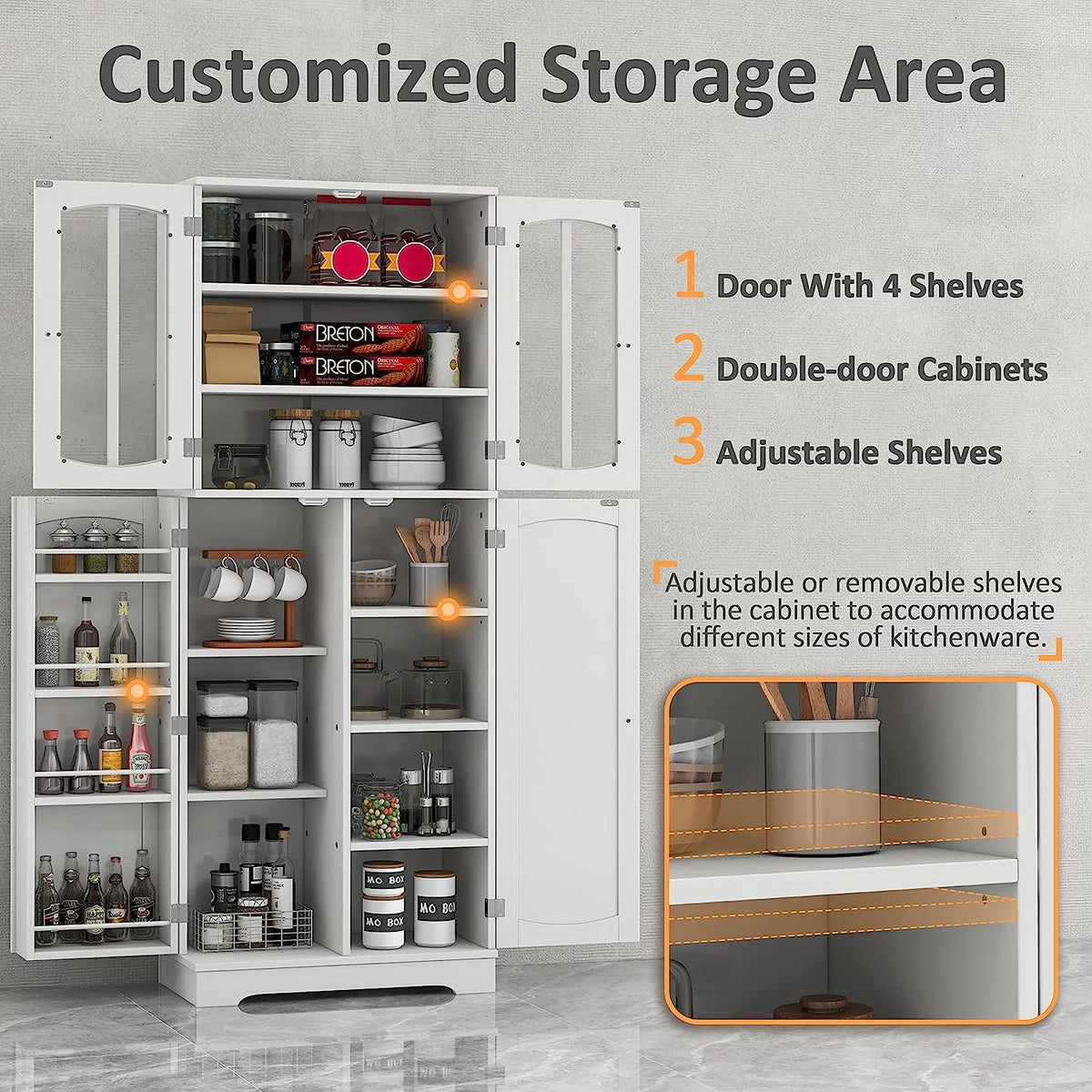 White Wood Kitchen Pantry Storage Cabinet with Doors and Shelves Y81682