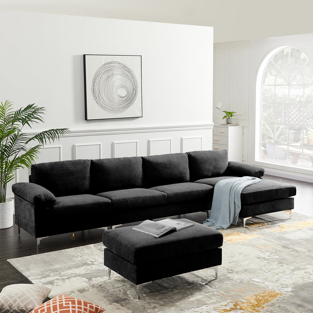 Black Polyester L-Shaped Sectional Sofa with Ottoman O2085