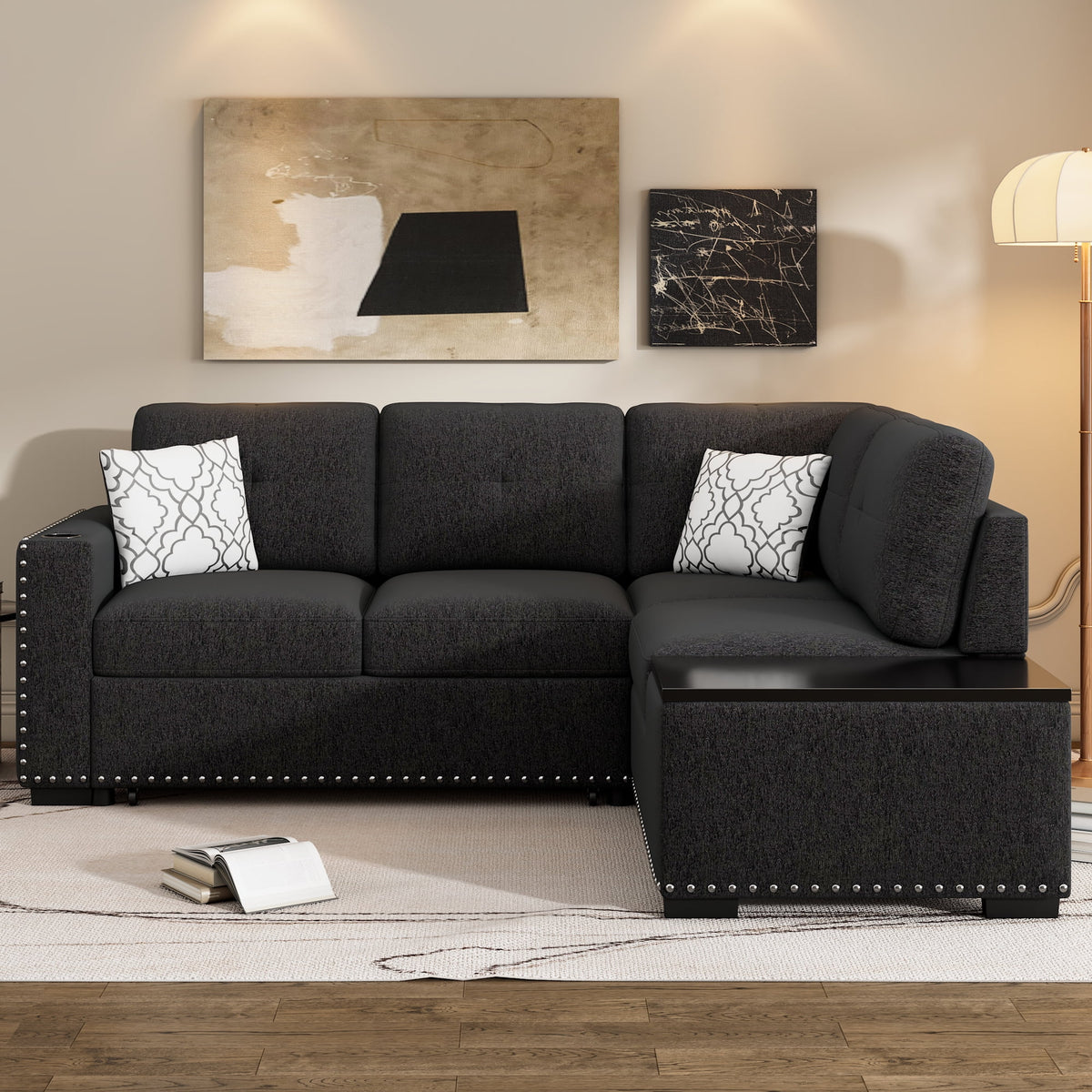 Black Reversible Pull-Out Sectional Sofa Bed with Storage Chaise I267