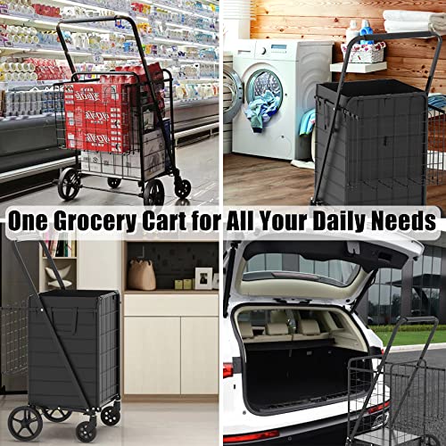 Heavy Duty Folding Shopping Cart with Double Basket, 360° Swivel Wheels, Waterproof Bag X86398