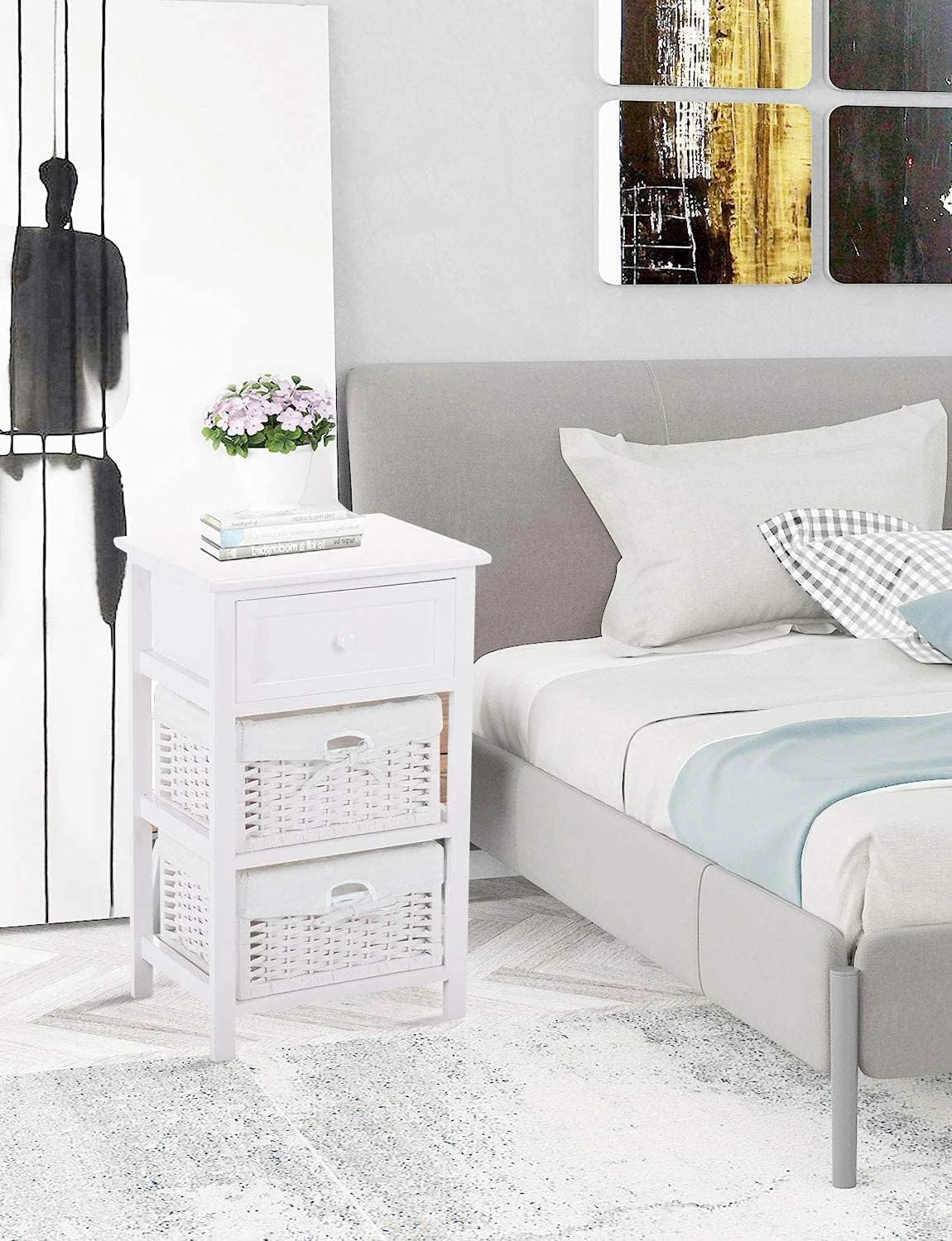 White 3 Tiers Nightstand with One Drawer 2 Baskets H4675