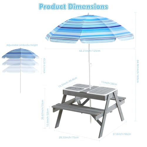 3-in-1 Kids Picnic Table with Umbrella T399