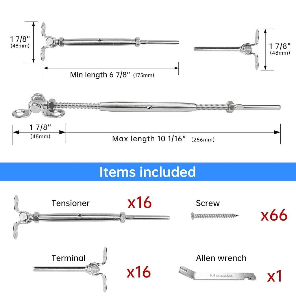 20 Set Cable Railing Kit 1/8 Swage Toggle Turnbuckle Hardware T316 Stainless Steel Angle 180° Adjustable J1271