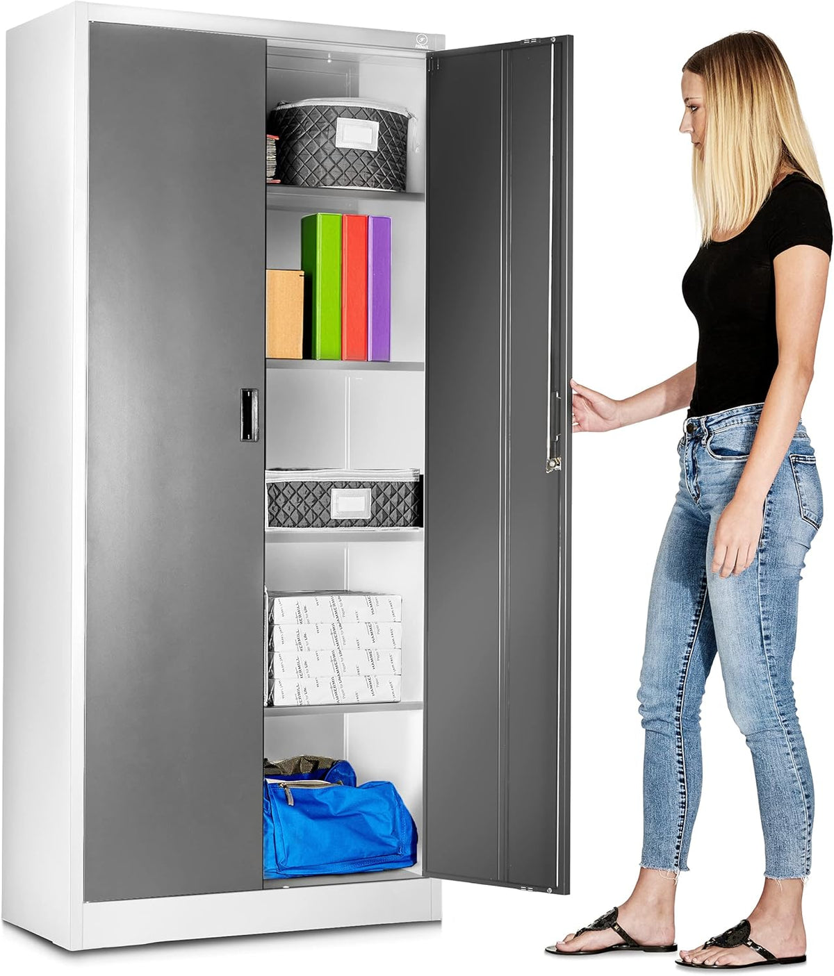 Black Steel Garage Storage Cabinet with Adjustable Shelves and Locking Doors K431633