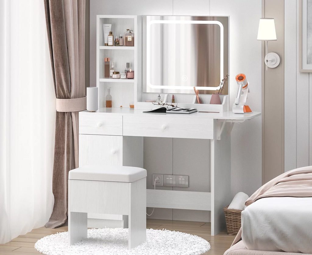 White Vanity Desk with Lighted Mirror and Storage Stool T93723