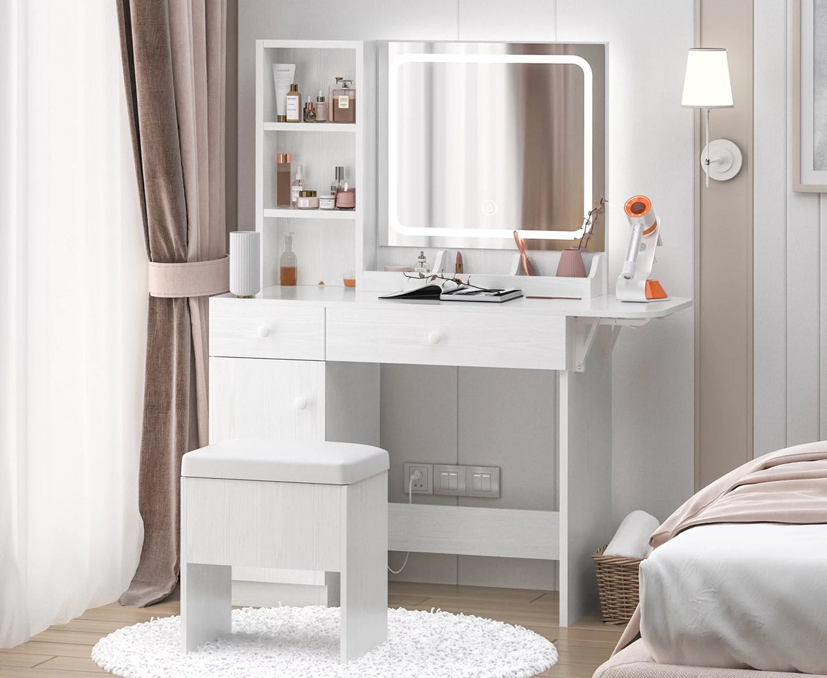 White Vanity Desk with Lighted Mirror and Storage Stool T93723