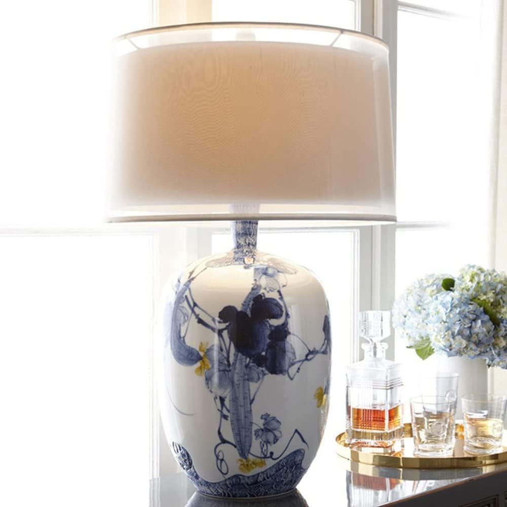 Blue and White Porcelain Table Lamp with Drum Shade C67039