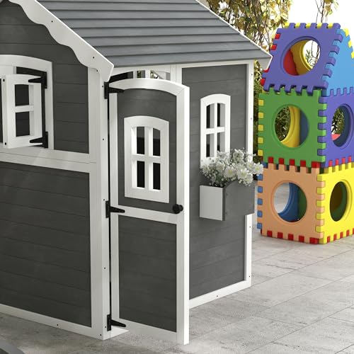 Gray Wooden Playhouse with Floor, Door, Windows & Planter Box L61736